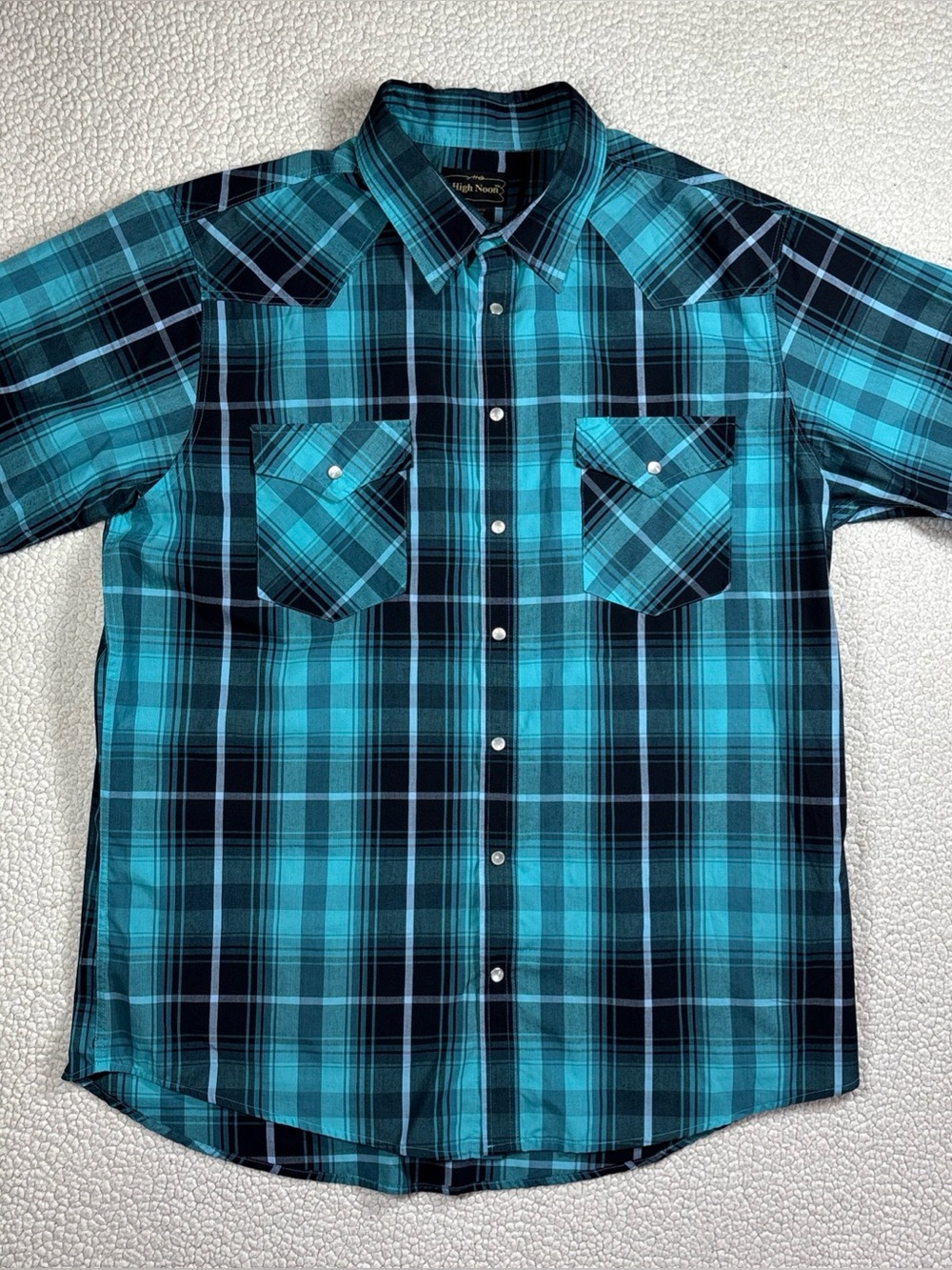 High Noon Western Shirt Men’s XL Turquoise Plaid Pearl Snap Cowboy Ranch Yoke